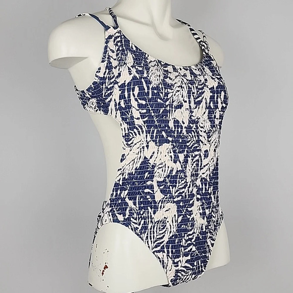 Anne Cole Studio One Piece Open Back Swimsuit Palm Print Blue Antique White Sz 8 - Picture 5 of 16